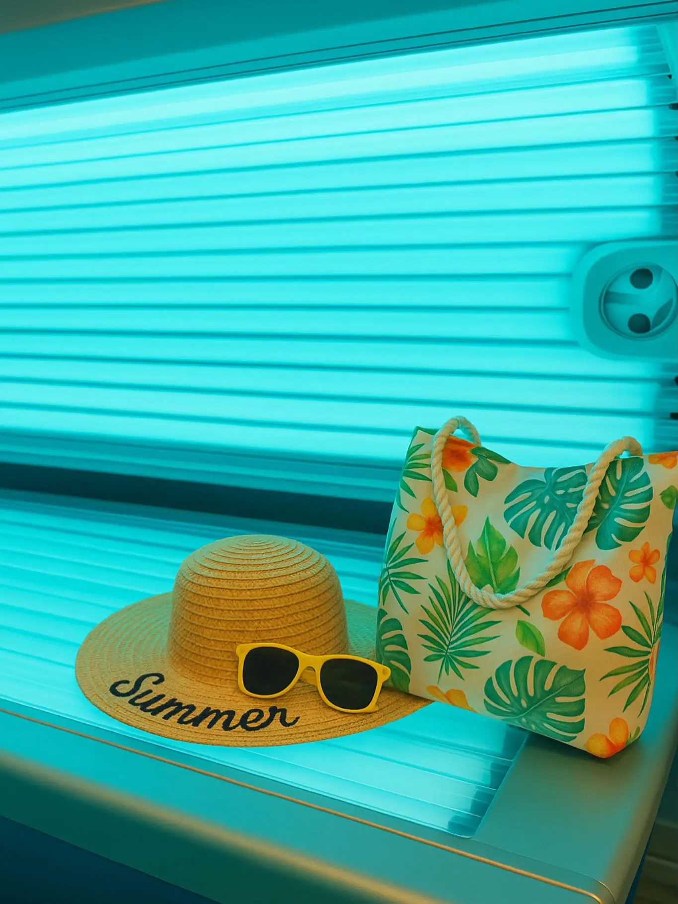 A sun hat with "Summer" written on the brim, yellow sunglasses, and a tropical-print tote bag inside a tanning bed.